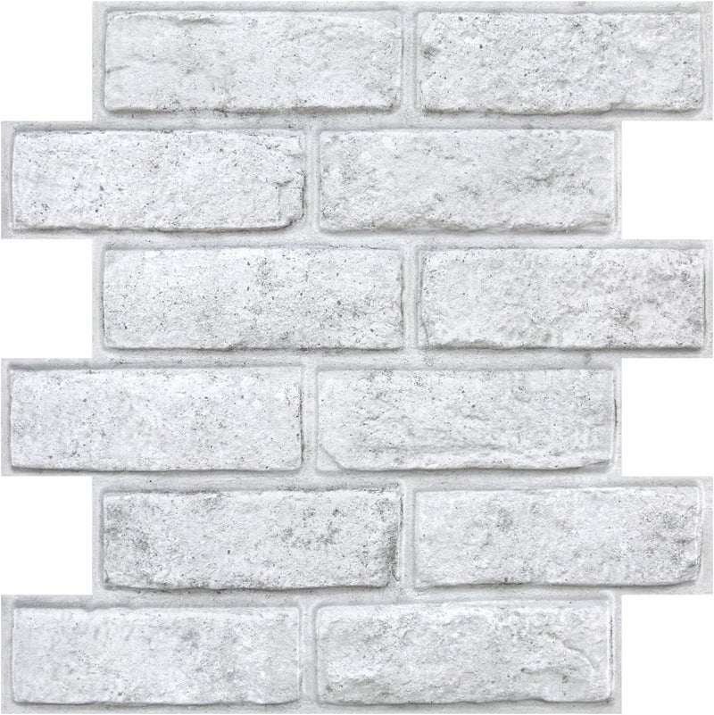 COMSTICKC 3D Faux White Brick Peel and Stick Wall Panels, 10 Pcs of 12"X12", with Gray Spots Atmosphere Design, Small Size Thin PVC Whitewash Brick Self Adhesive Fake Brick Backsplash Interior Decor - Image 1
